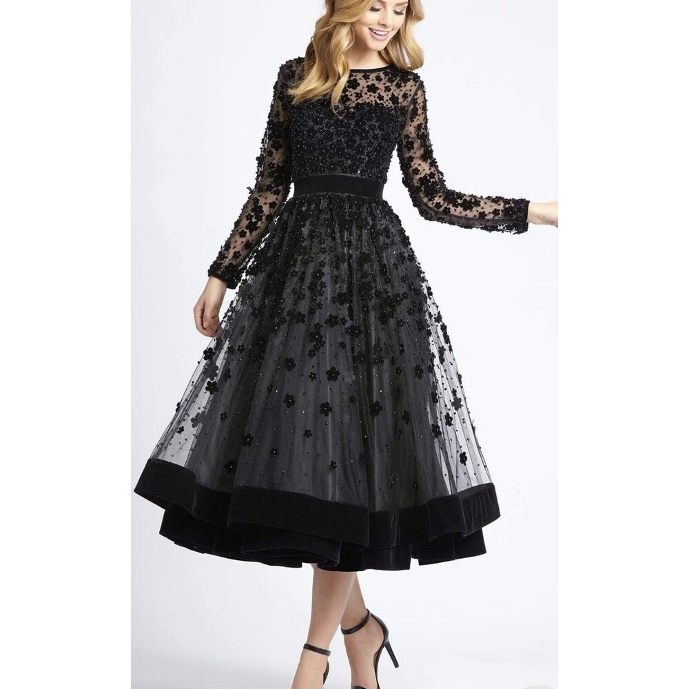 Mac Duggal Elegant Floral Cocktail  Midi Tea Dress 10 Long Sleeve Evening NWT
